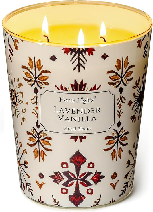 HomeLights Large jar Candle | 3-Wick Long-Lasting Scented Candles, 34oz Natural Soy Wax Candle for Home Scented, Bohemian Natural Textures Gifts for Women & Men, Lavender Vanilla