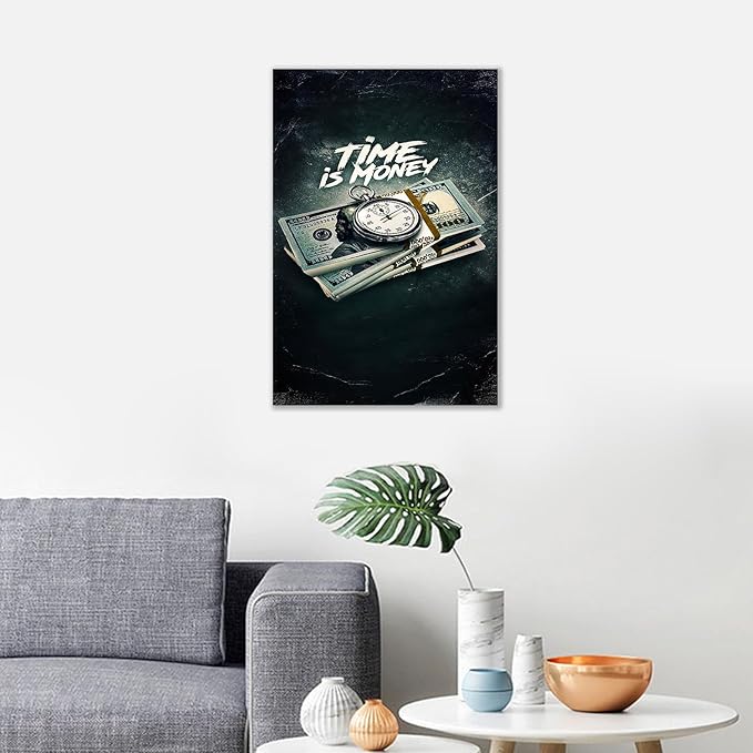 Inspirational Canvas Wall Art Time is Money Poster Print Motivational Pictures Vintage Painting Home Decor Artwork for Living Room Bedroom Office Decoration Framed Ready to Hang [18''W x 12''H]