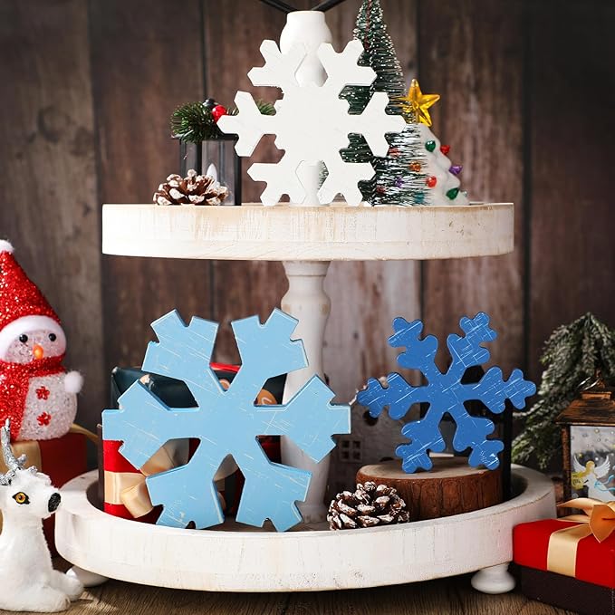 Bucherry 3 Pcs Winter Wooden Snowflake Decor Rustic Winter Snowflake Table Signs Wonderland Wood Blocks Farmhouse Christmas Tiered Tray Decorations for Xmas Table Shelf(Retro Colors)
