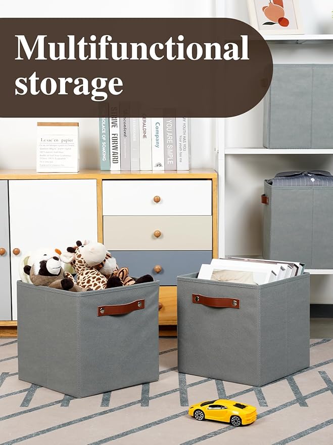 Temary 11x11 Storage Cubes Fabric Cube Storage Bins with Handles Clothes Storage Boxes Baskets for Organizing Home, Shelf, Closet (Grey, 11 x 11 x 11)
