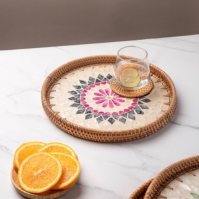 11.8' Wicker Round Rattan Mother of Pearl Serving Basket Tray for Décor Coffee Table | Large Boho Circle Woven Decorative Trays for Outdoor, Home, Kitchen Display (Lozenge)
