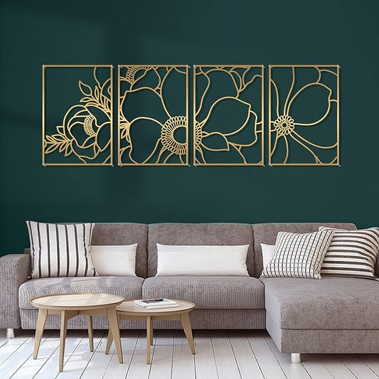 Glamativity Large 4 Pack Gold Wall Art Décor, Flower Minimalist Décor Single Line Art Wall Décor, Real Metal Wall Art, Nature Floral Abstract Wall Art, for Bedroom Living Room Bathroom (Gold Blossom Style, L Size 22.5 x 15.7'')