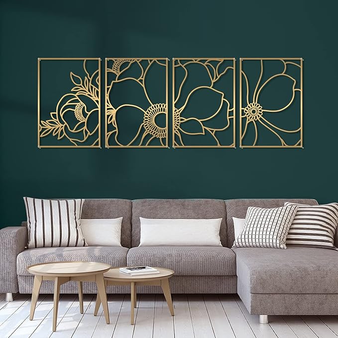 Glamativity 4 Pack Gold Wall Art, Flower Minimalist Single Line Art, Real Metal Nature Floral Abstract Wall Decor for Kitchen Bedroom Living Room