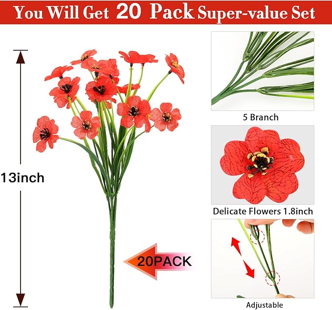 20 Bundles Artificial Flowers for Outdoors Decorations, Fake Flowers Faux Plants Silk Colorful Daisy Eucalyptus Flowers Realistic UV Resistant for Garden Patio Porch Box Home Decor (Red)