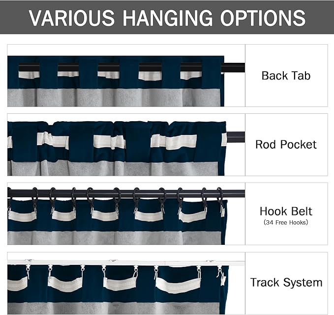 StangH Navy Blue Curtains for Living Room 108 inches Long, Soft Thick Velvet Blackout Soundproof Window Door Panels Back Tab Hook Belt Home Decor for Bedroom, W52 x L108, 2 Panels