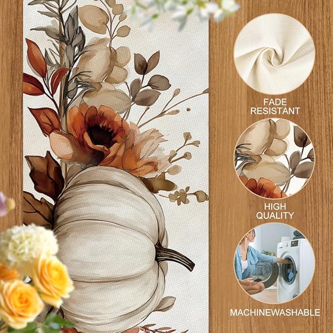 ANNA QUEEN Fall Pumpkin Leaf Table Runner 13 x 72 Inch for Dining Table, Table Runner for Seasonal Autumn Kitchen Dining Table Decoration for Home Party Decor Thanksgiving Harvest