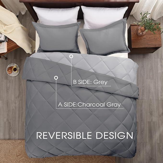 Basic Beyond Full Size Comforter Set - Charcoal Gray and Grey Comforter Set Full, Reversible Comforter Full Size Set, 1 Comforter (82"x92") and 2 Pillow Shams (20"x26"+2")