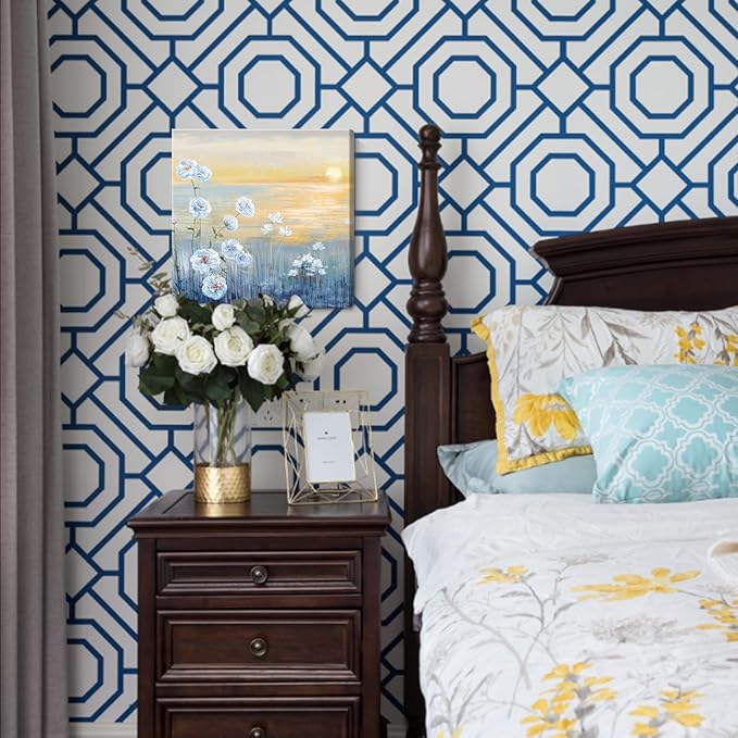 Bathroom Decor Wall Art Blue Ocean Sunset Seascape Painting Seaside Wildflowers Picture Abstract Coastal Canvas Print Natural Scenery Sunrise With Yellow Orange Sky Landscape Framed Artwork 14x14inch