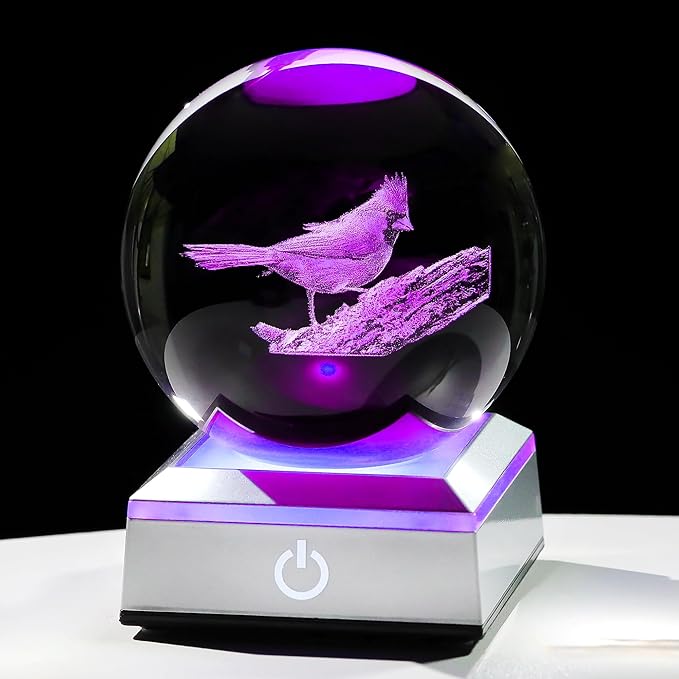 Cardinal Gifts for Women, Mom - 3D Crystal Ball 3.15in with Multicolor Led Light Base - Gifts for Daughter, Sister - Christmas Cardinal Statue Night Light Table Home Decor