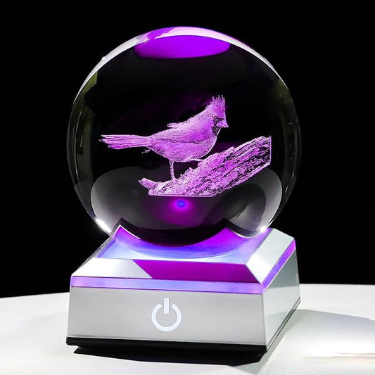 Cardinal Gifts for Women, Mom - 3D Crystal Ball 3.15in with Multicolor Led Light Base - Gifts for Daughter, Sister - Christmas Cardinal Statue Night Light Table Home Decor