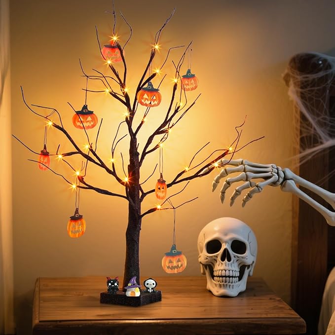 PEIDUO Set of 2 Halloween Trees, 2FT 24LED Lighted Black Glitter Tree with Timer & Pumpkin Ornaments, Battery Operated Halloween Decorations Indoor for Home Table Room Decor