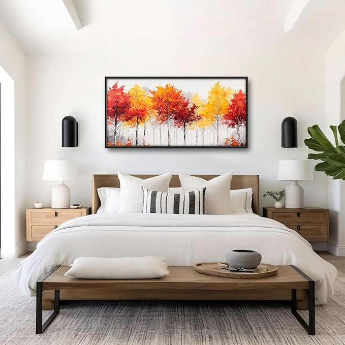 Fall Forest Framed Wall Art for Living Room, Large Red Trees Canvas Wall Decor, Red Leaf Landscape Pictures Painting, Modern Artwork for Living Room Bedroom 60L'' × 30W''