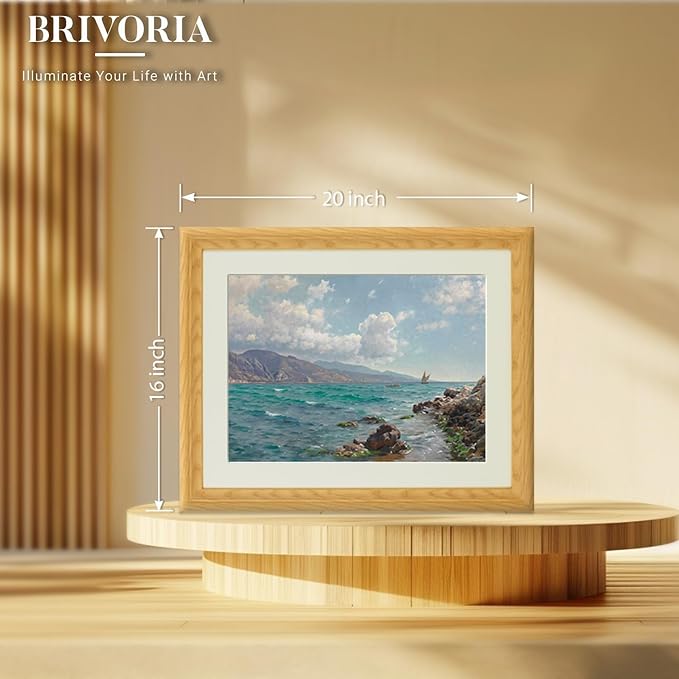 Brivoria Framed Canvas Wall Art Vintage Decor, Coastal Landscape with Sailing Boats Mountain Cliffs Blue Ocean and Sunlit Sky Canvas Print with Mat for Living Room Statement Wall Display 16"x20"