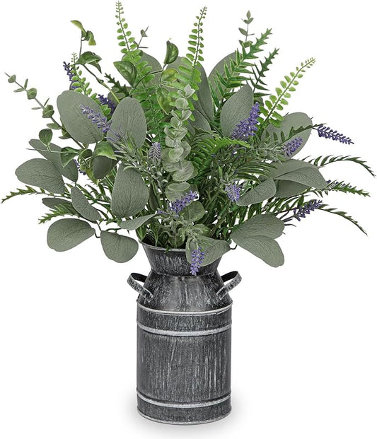 Hollyone Artificial Eucalyptus Plant in Rustic Metal Vase 18" Fake Plants Eucalyptus Leaves Lavender Stems Faux Greenery Potted for Farmhouse Kitchen Office Shelf Home Indoor Table Centerpieces Decor