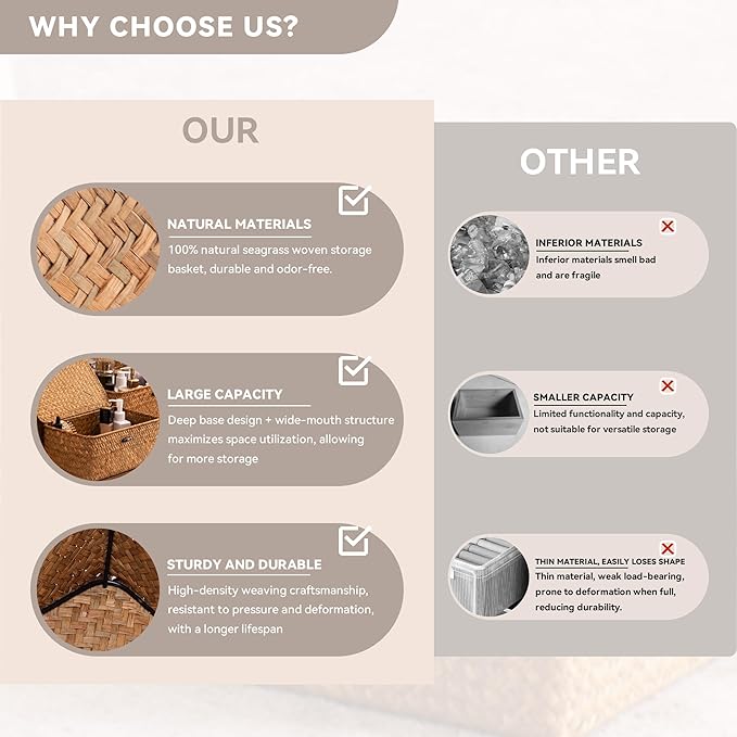 Nonam Handwoven Natural Seagrass Bin with Lid, Set of 3, Shelf Baskets Multipurpose Container for Boho Decoration, Rectangular Household Storage Boxes for Home Organization