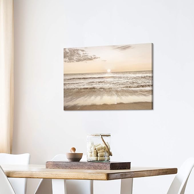 Coastal Beach Canvas Wall Art: Sea Waves Painting Sunset Ocean Scenery Pictures Contemporary Tropical Nature Photography Prints Modern Seascape Artwork for Bedroom Bathroom Living Room