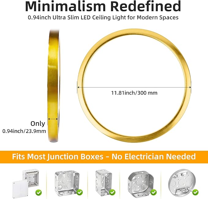 Hlite 6pack 12 inch Flush Mount LED Ceiling Light Fixture,24W 2400LM Super Slim Light Fixtures Ceiling Mount 3000K/4000K/5000K 3CCT Selectable,Ceiling Light Fixtures for Kitchen,Bedroom (Gold)