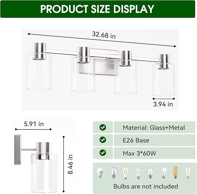 4-Light Modern Vanity Light Fixtures Over Mirror, Brushed Nickel Bathroom Light Fixtures, Vanity Lights, Wall Sconce with Clear Glass Shade for Bathroom, E26 Base