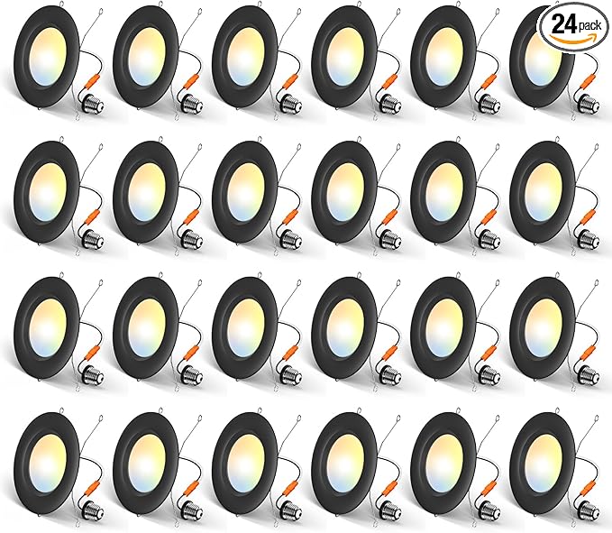 Amico 24 Pack 5/6 inch 5CCT LED Recessed Lighting, Dimmable, 12.5W=100W, 950LM, 2700K/3000K/4000K/5000K/6000K Selectable, Retrofit Can Lights with Baffle Trim, IC Rated - ETL & FCC, Black