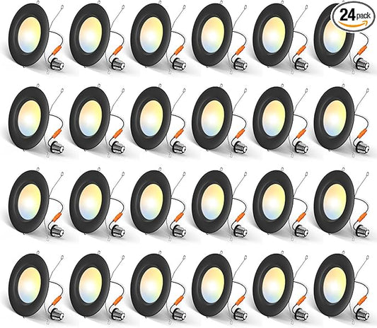 Amico 24 Pack 5/6 inch 5CCT LED Recessed Lighting, Dimmable, 12.5W=100W, 950LM, 2700K/3000K/4000K/5000K/6000K Selectable, Retrofit Can Lights with Baffle Trim, IC Rated - ETL & FCC, Black