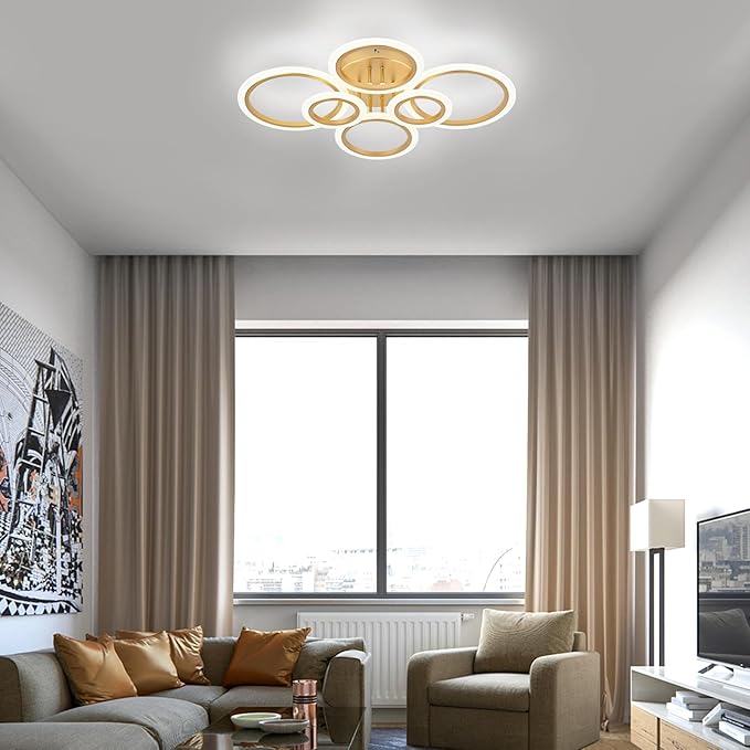 Modern LED Ceiling Light, Gold 6 Rings Flush Mount Ceiling Light, 4000K Lighting Fixture Ceiling Lamp for Kitchen, Bedroom, Living Room, Laundry Room