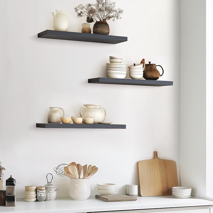 BAYKA Floating Shelves 22.5 inches, Wall Mounted Shelves Rustic Wood for Bathroom, Bedroom, Living Room, Floating Shelves for Books/Storage/Decor with 22lbs Capacity(Satin Black,Set of 3)