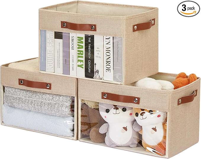 Large Storage Baskets with Clear Window, See Through Closet Organizer with PU Handles, Linen Foldable Storage Bins for Organizing Clothes, Toys, Books (Khaki)