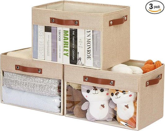 Large Storage Baskets with Clear Window, See Through Closet Organizer with PU Handles, Linen Foldable Storage Bins for Organizing Clothes, Toys, Books (Khaki)