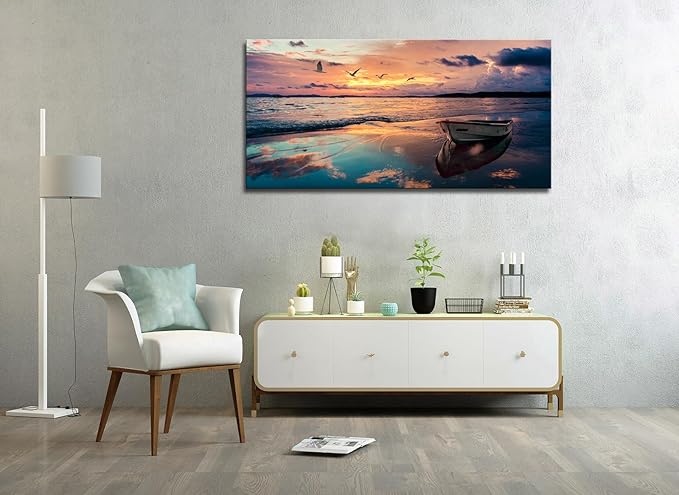OKEXCKK Coastal Wall Decor Beach Canvas Wall Art Picture for Living Room - Sunset Ocean Landscape Painting Print Decor Blue Seascape Nature Artwork Poster for Bedroom Office Decoration - 20"x40"