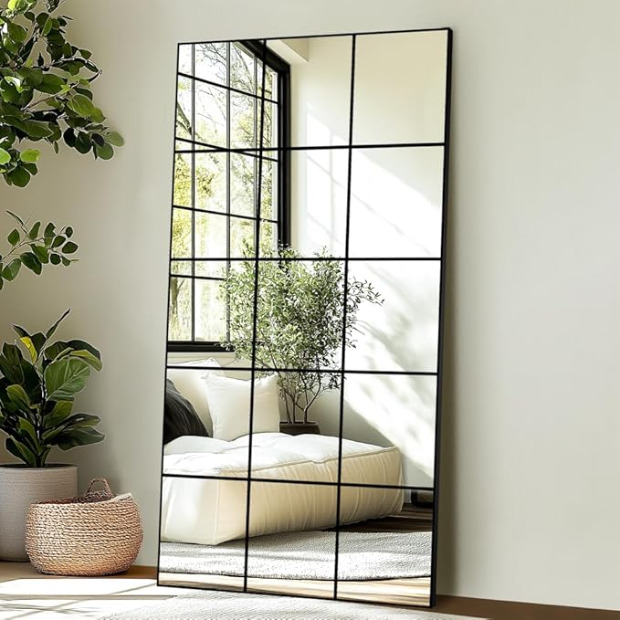 Delma Full Length Mirror, 28"x 55" Window Pane Decorative Mirror for Wall, Black Metal Framed Wall Decor, Wall Mounted, Hanging or Leaning for Bedroom, Living Room, Entryway