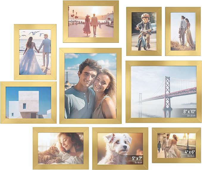 SONGMICS Picture Frames, Collage Picture Frames Set of 10, Two 8x10, Four 5x7, Four 4x6, Photo Frame for Wall Gallery Decor, Table Display, Glass, Pale Gold URPF010A01