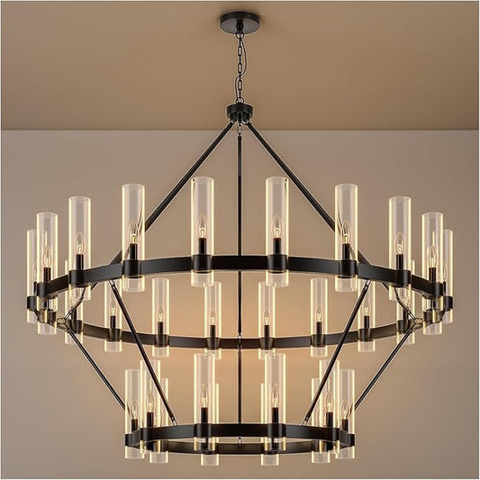 60 Inch Black Wagon Wheel Chandelier 2 Tier with Glass Shade, 30 Lights, Modern Farmhouse Style, Ideal for Dining Room, Kitchen, Entryways