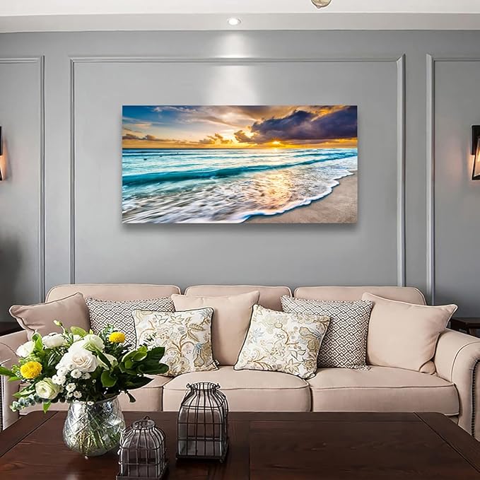 Beach Canvas Wall Art Seascape Theme Pictures Home Decor Blue Ocean White Wave Sunset Prints Paintings for Living Room Bathroom Bedroom Kitchen Office Decorations Natural Landscape Artwork 24x48inches