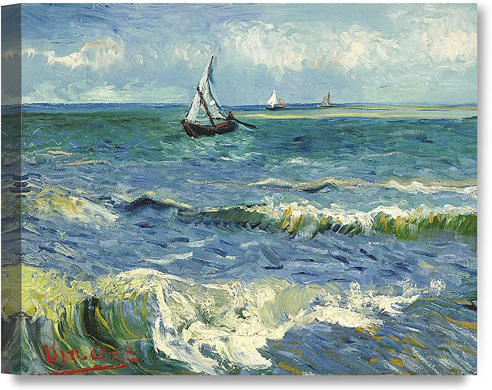 DECORARTS - The Sea at Les Saintes-Maries-de-la-Mer, Vincent Van Gogh Art Reproduction. Giclee Canvas Prints Wall Art for Home Decor 30x24