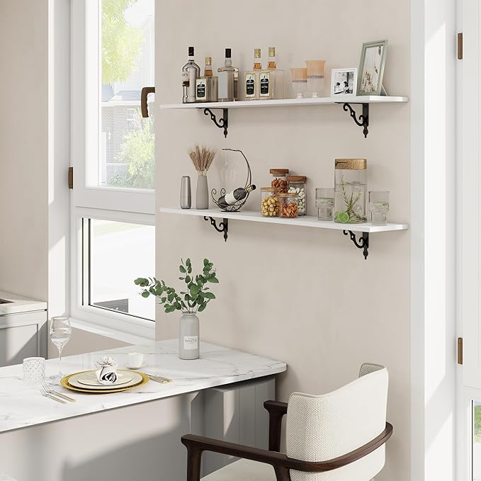 RICHFOCUS Floating Shelves for Wall Decor, 47.3W x 8D Wall Shelves Set of 2, 8 Inch Deep Rustic Wood Shelves Wall Mounted with Brackets, Long Floating Shelves for Living Room Bedroom Kitchen, White