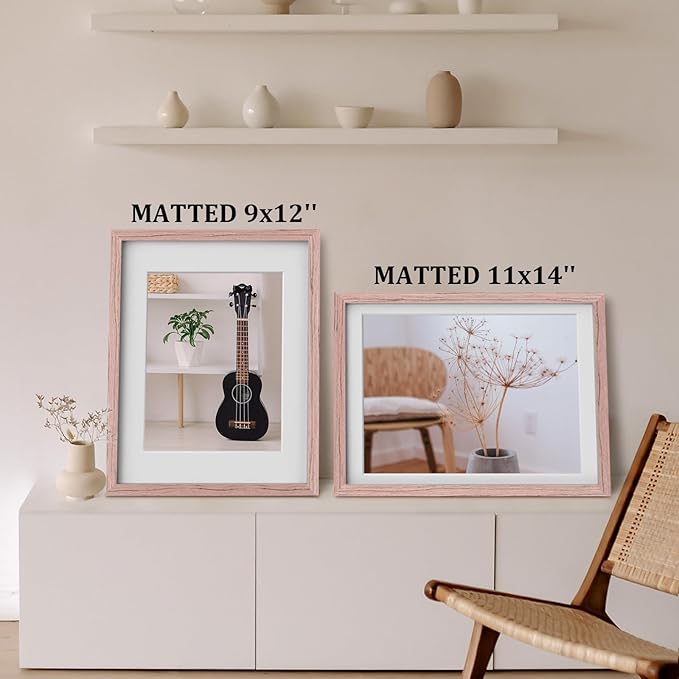 Egofine 12x16 Picture Frames Set of 4, Made of Solid Wood Covered by Plexiglass 9x12 and 11x14 with Mat or 12x16 without Mat, for Wall Mounting Photo Frame Peach Pink