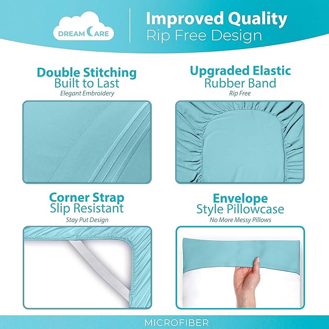 DREAMCARE Full Size Sheets Set - 6 Pcs Deep Pocket Cooling Bed Sheets - Soft, Long Lasting 100% Brushed Microfiber with Side Pocket (Spa Blue, Full)