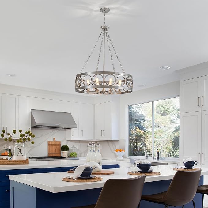 XINGQI Large Drum Chandelier 32.3" Modern Brushed Nickel 8-Light Round Chandeliers for Dining Room Living Room Office Kitchen Island Rustic Pendant Lighting Fixture Over Table