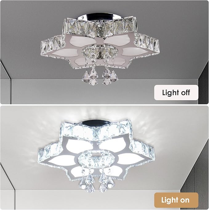 FRIXCHUR 16.1" Crystal Chandeliers Crystal Ceiling Light Fixtures LED Flush Mount Light Flower Modern Chandelier Light Ceiling Lamp for Living Room Bedrooms Dining Room（White）