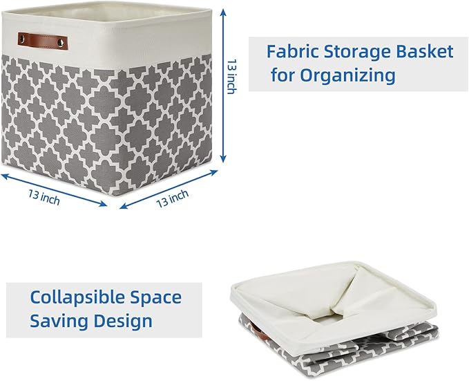 Temary 13×13×13 Foldable Storage Cube Baskets Fabric Cube Storage Basket for Organizing Cloth Storage Bins with Leather Handles for Gifts Empty, Closet (Grey Lattice)