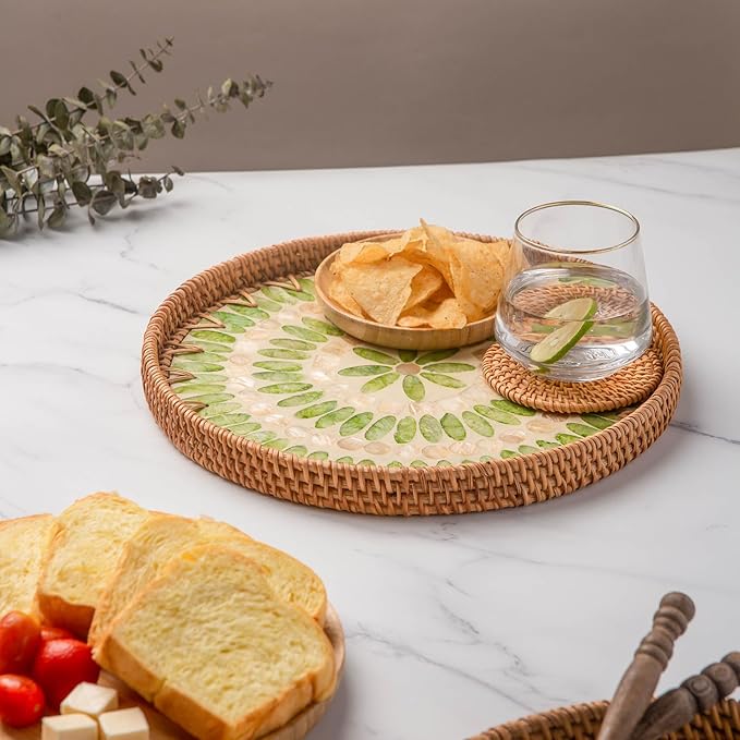 11.8' Wicker Round Rattan Mother of Pearl Serving Basket Tray for Décor Coffee Table | Large Boho Circle Woven Decorative Trays for Outdoor, Home, Kitchen Display (Forest)