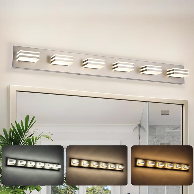 LED Wall Brushed Nickel Vanity Lights for Bathroom Light Fixtures 36W Adjust 3 Colors Modern Bath Lighing Over Mirror LED Vanity Light (6-Light,41inch)