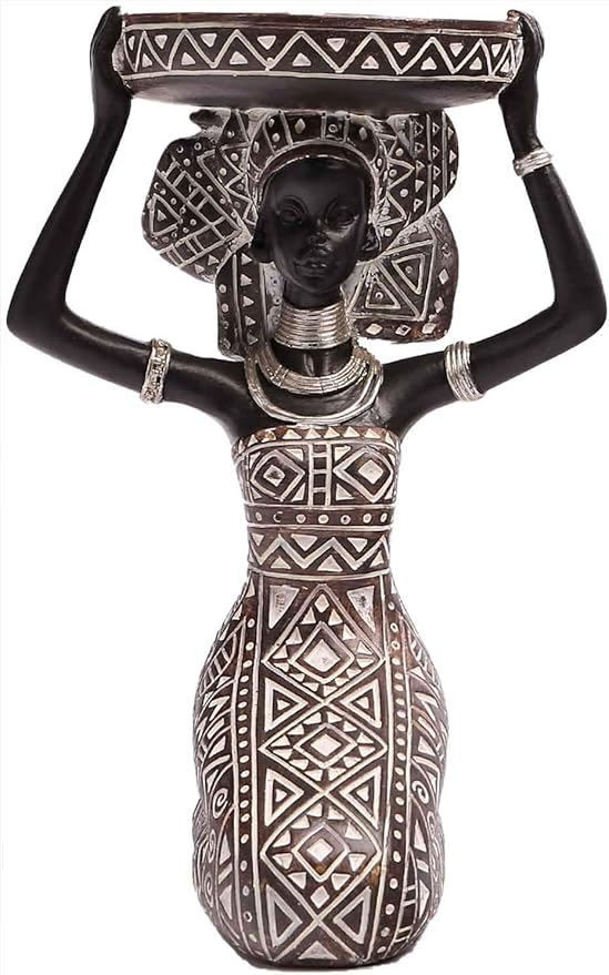 African Lady Figurine Candle Holder with African Tribal Totem for Wedding, Holiday Decor-African Decorative Women Statues, Candlestick Holder for Home and Table Decor(753-Brown)
