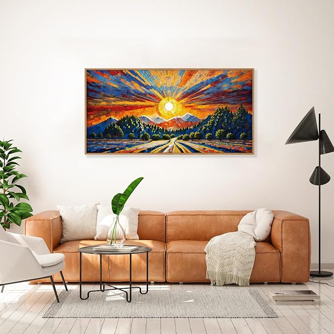 HOURIA Large Natural Mountain Forest Framed Canvas Wall Art Set,Wilderness Sunrise Wall Decor,Boho Pine Tree Square Ridge Artwork,Modern Field Art Print for Living Room, Office, Farmhouse- 20"x40"x1