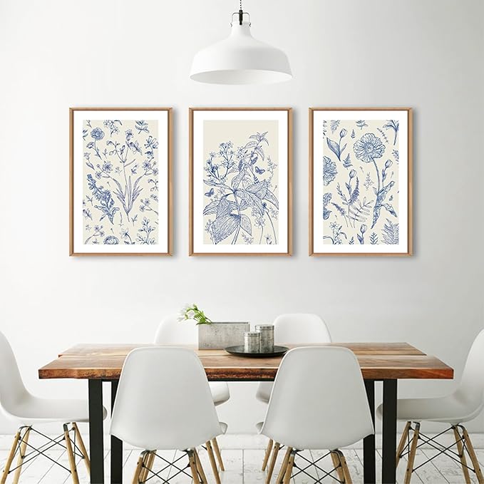 KAIRNE Blue and White Floral Wall Art Set of 3, 24x36Inch Chinoiserie Framed Canvas Art Prints, Navy Watercolor Botanical Flower Painting, Wildflower Decor for Living Room, Bedroom, Bathroom, Home