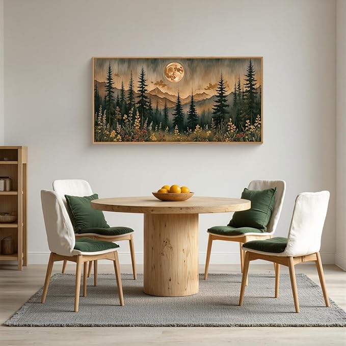 HOURIA Nature Forest Mountain Framed Canvas Wall Art Set,Moonlight Pine Tree Flower Wall Decor,Wilderness Field Wall Painting,Vintage Botanical Art Prints for Living Room,Bedroom,Farmhouse- 20"x40"x1