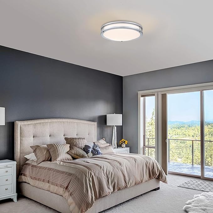 16” Brushed Nickel Flush Mount Ceiling Light Fixture - 16 Inch Brushed Nickel LED Ceiling Light 3000K/4000K/5000K Color Changing Modern Bathroom Fixture for Bedroom,25W