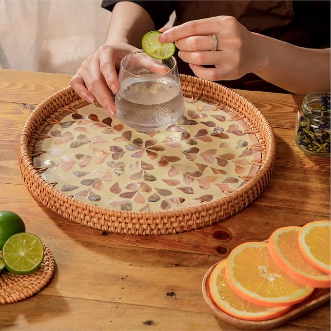 11.8' Wicker Round Rattan Mother of Pearl Serving Basket Tray for Décor Coffee Table | Large Boho Circle Woven Decorative Trays for Outdoor, Home, Kitchen Display (Leaf)
