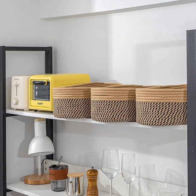 CubesLand Small Baskets, Storage Baskets for Organizing Shelves, Rectangular Woven Storage Baskets Natural Cotton Rope Toy Storage Bins Closet Baby Baskets Empty Gifts Baskets Camel/Mixed Black