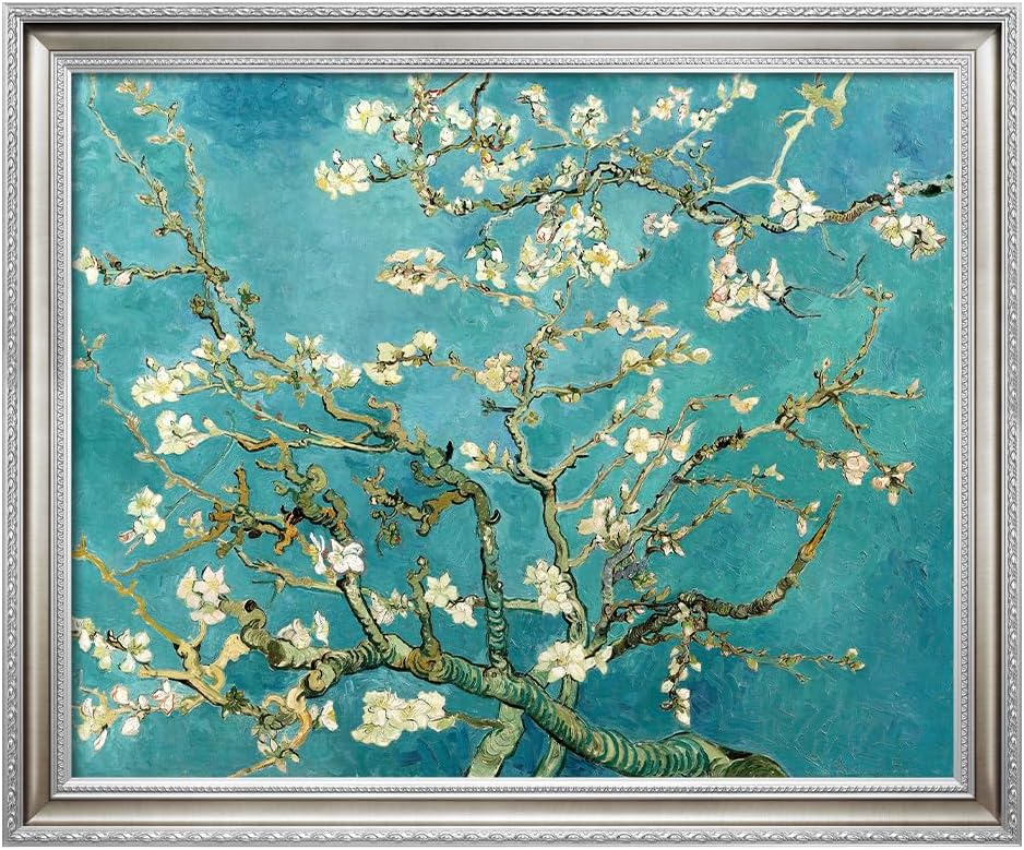 DECORARTS - Almond Blossom Tree, Vincent Van Gogh Art, Silver Solid Wood Frame, Giclee Print on Canvas. Frame Art for Elegant Home Decor. Framed Size: 34.5x28.5